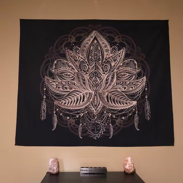 Lotus Tapestry Spiritual Tapestry Sacred Geometry Wall Hanging black gold