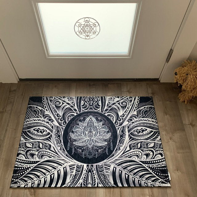 Lotus Rug black & White Rug spiritual Rug gray Floor Rug 3x5 4x6 5x7 8x10 Large rugs round trippy lotus flower rugs sacred geometry