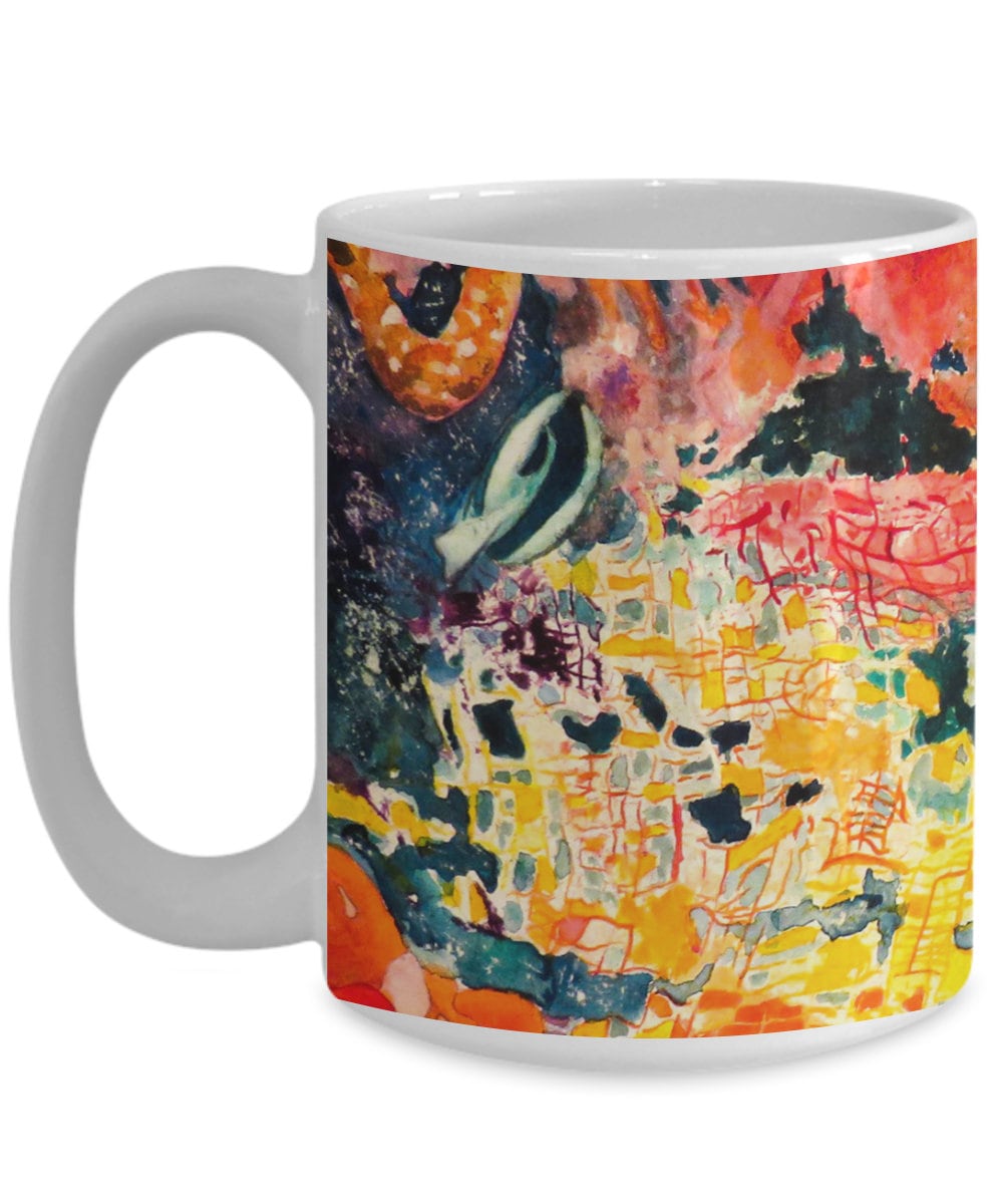 Ocean Mug Under the Sea Abstract Coffee Mug Unique Artsy Gift 15oz white or black cheap Abstract Art Colorful Mugs fish mugs coral orange