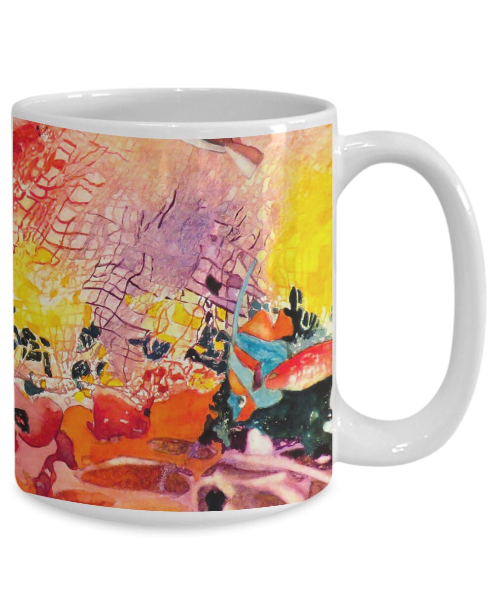Ocean Mug Under the Sea Abstract Coffee Mug Unique Artsy Gift 15oz white or black cheap Abstract Art Colorful Mugs fish mugs coral orange