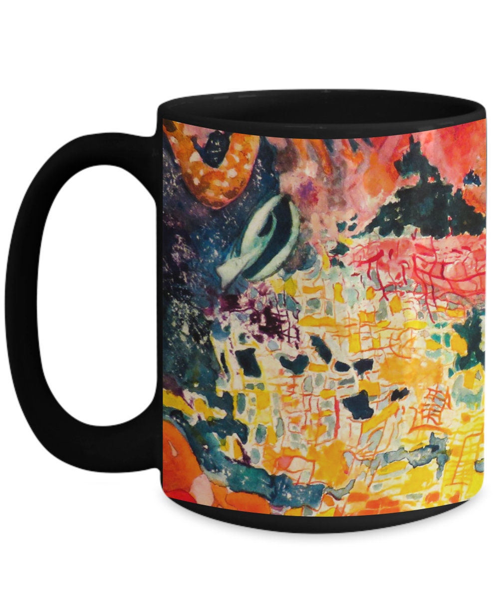 Ocean Mug Under the Sea Abstract Coffee Mug Unique Artsy Gift 15oz white or black cheap Abstract Art Colorful Mugs fish mugs coral orange