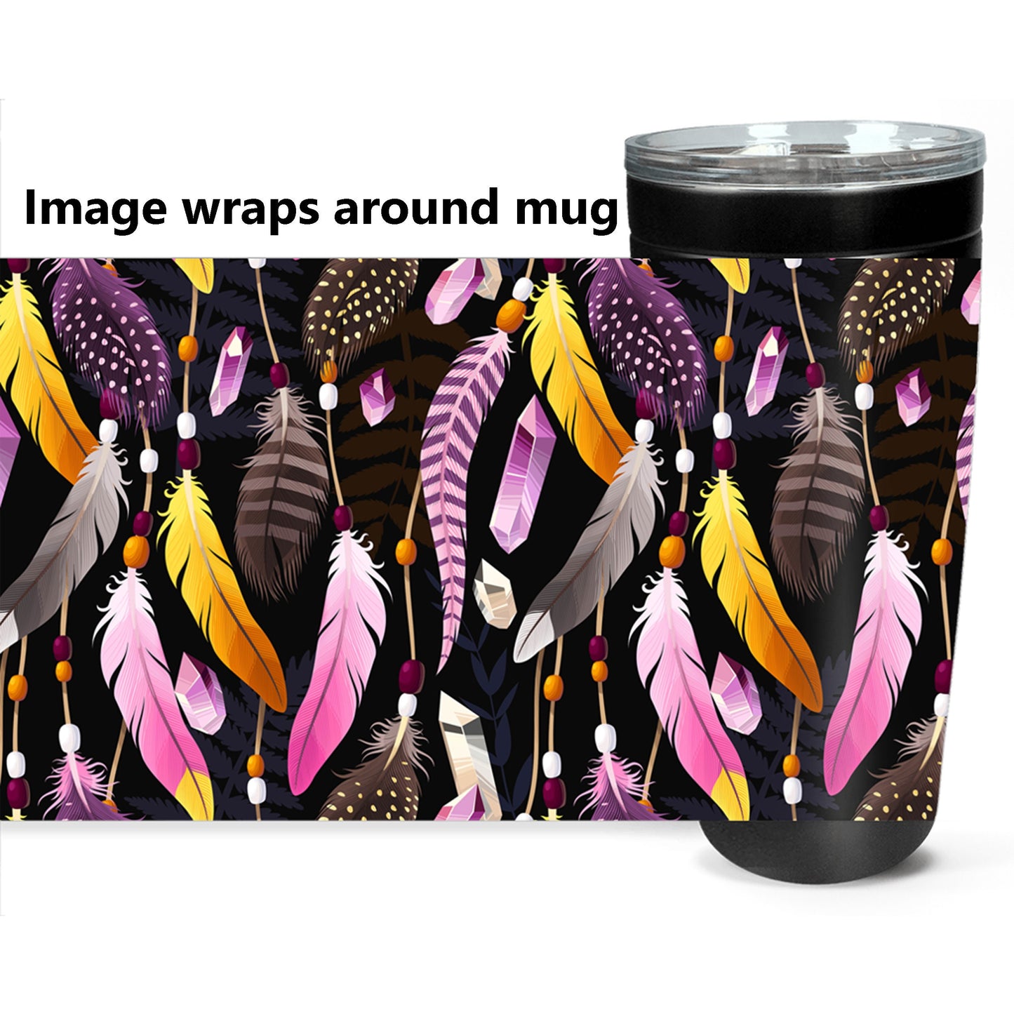 Feathers & Amethyst Travel Mug 20oz Insulated Stainless Steel Unique Gift Spiritual Travel Mug Feathers Travel Mug Amethyst Canteen Black