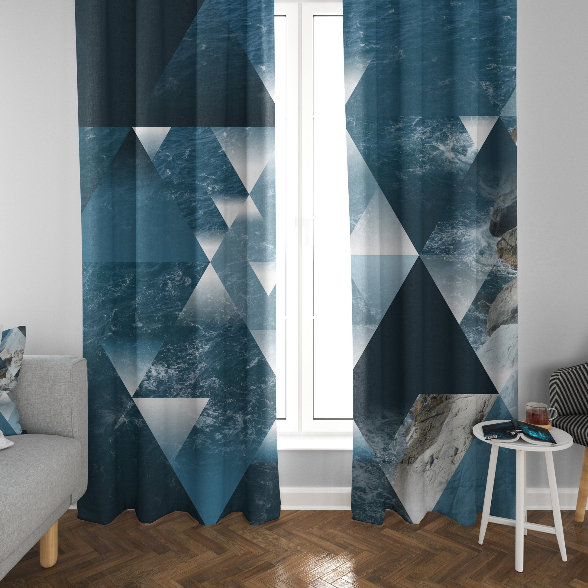 Geometric Ocean Window Curtains, Blue Beige Drapes
