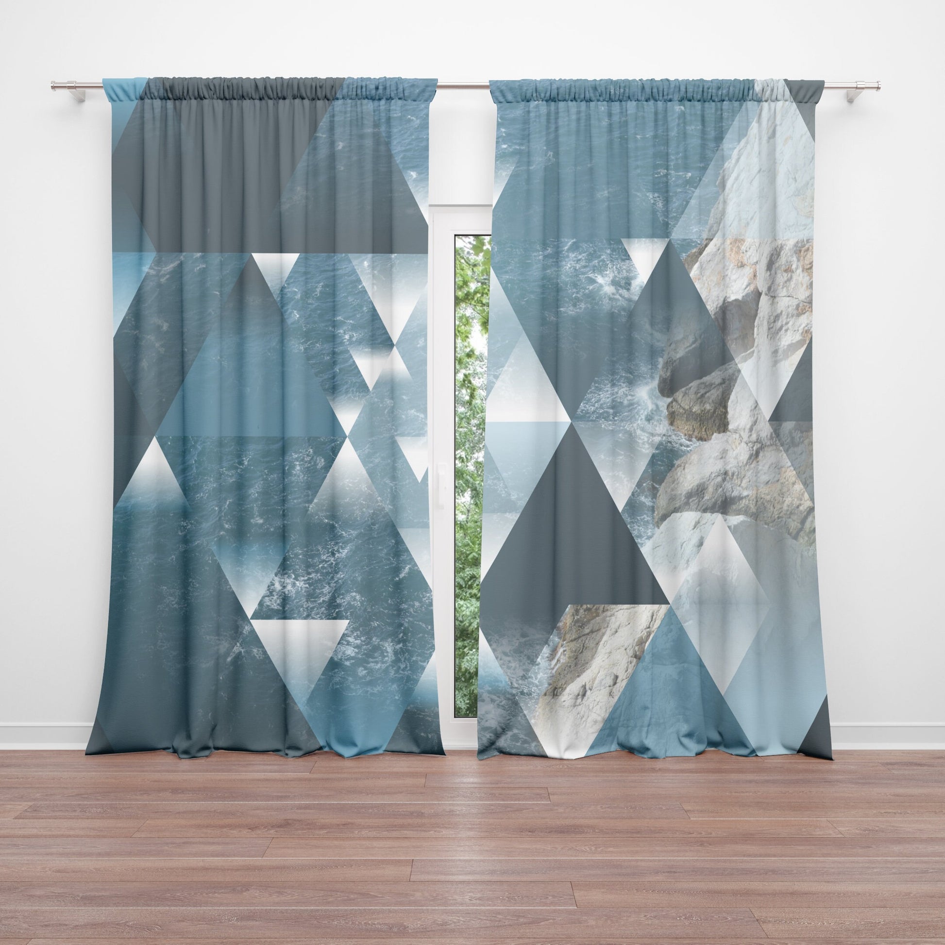 Geometric Ocean Window Curtains, Blue Beige Drapes