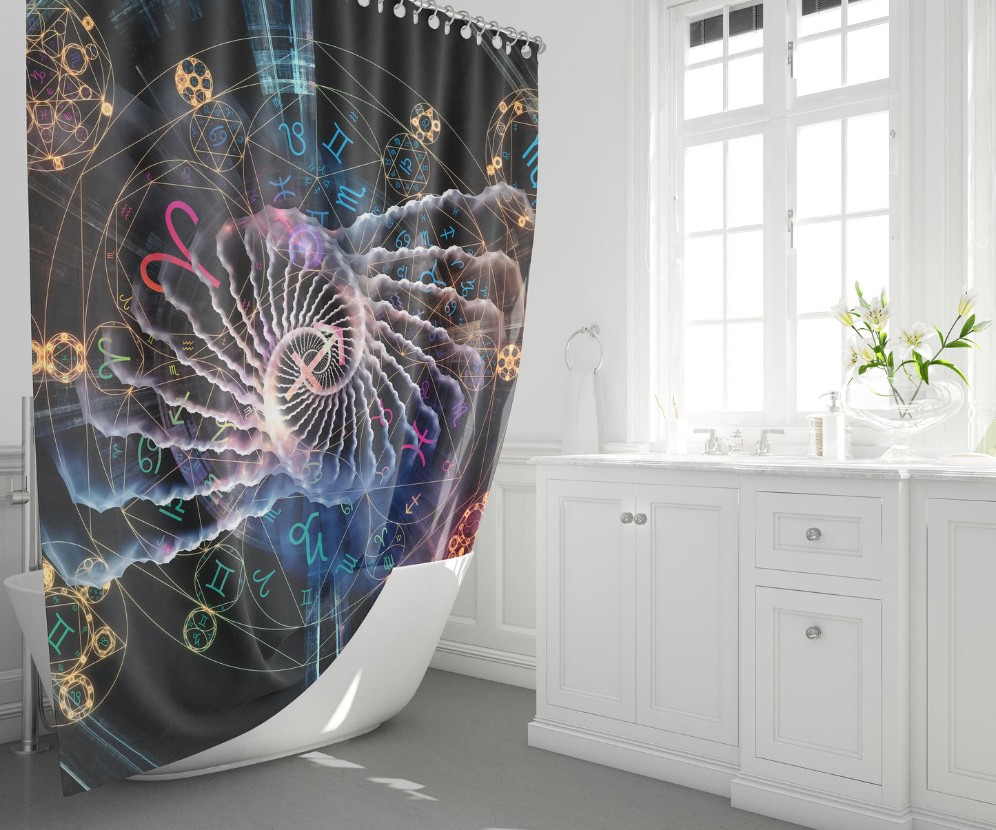 Sacred Geometry shower curtain astrology shower curtain zodiac shower curtain spiritual decor fibonacci shower curtain black sacred geometry