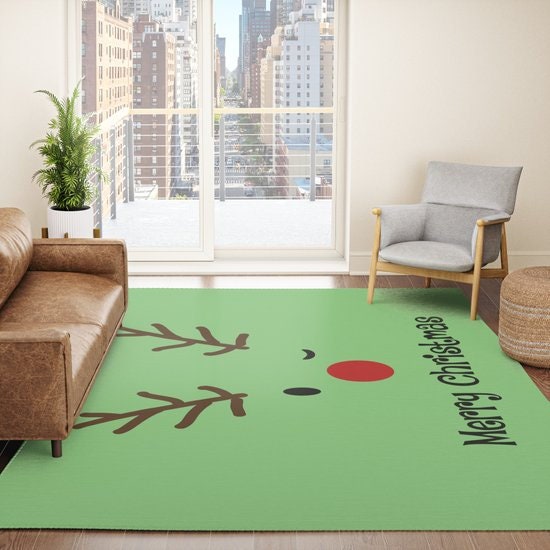 Merry Christmas Reindeer Rug green rugs 2x3 4x6 8x10 large holiday rugs xmas decor cute christmas decorations