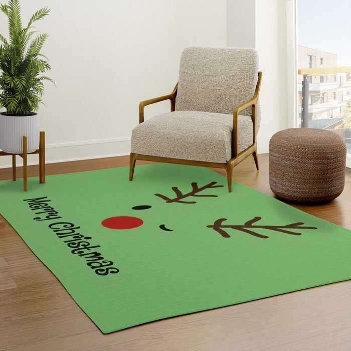 Merry Christmas Reindeer Rug green rugs 2x3 4x6 8x10 large holiday rugs xmas decor cute christmas decorations