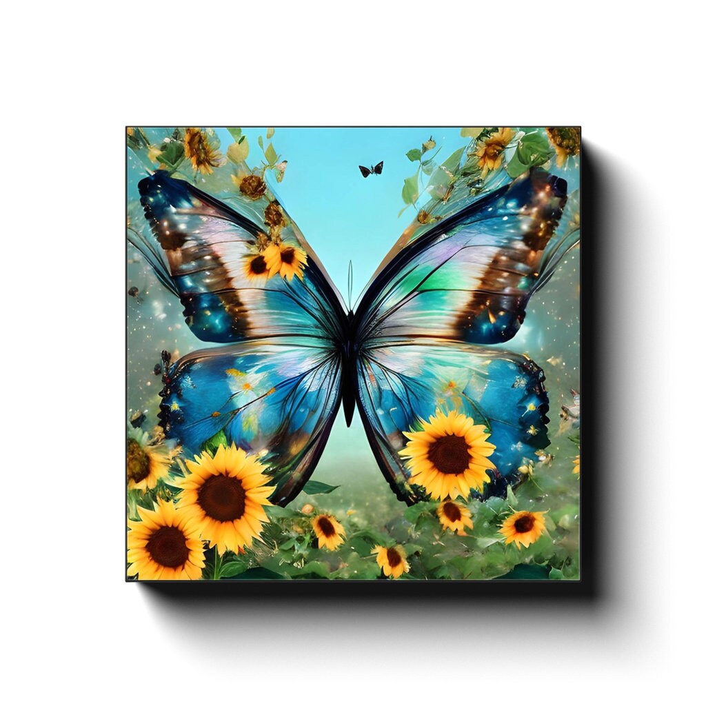 Butterfly Sunflower Canvas art blue butterflies yellow sunflowers artwork sunflower art butterfly art