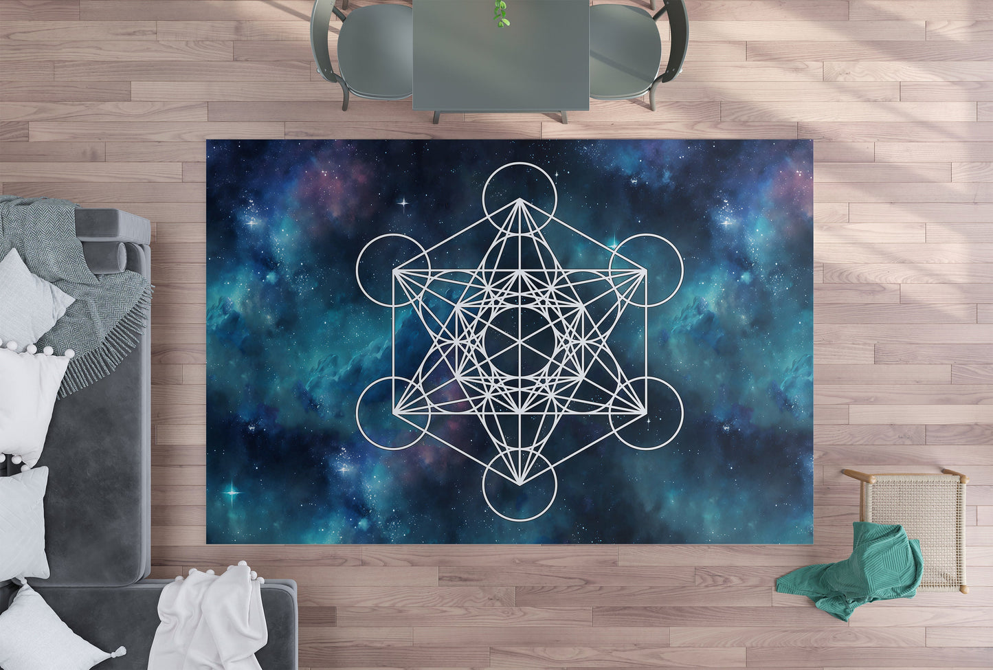 Metatron's Cube Rug Sacred Geometry Rug Galaxy Rug blue metatrons cube 2x3 3x5 4x6 5x7 large metatron rugs