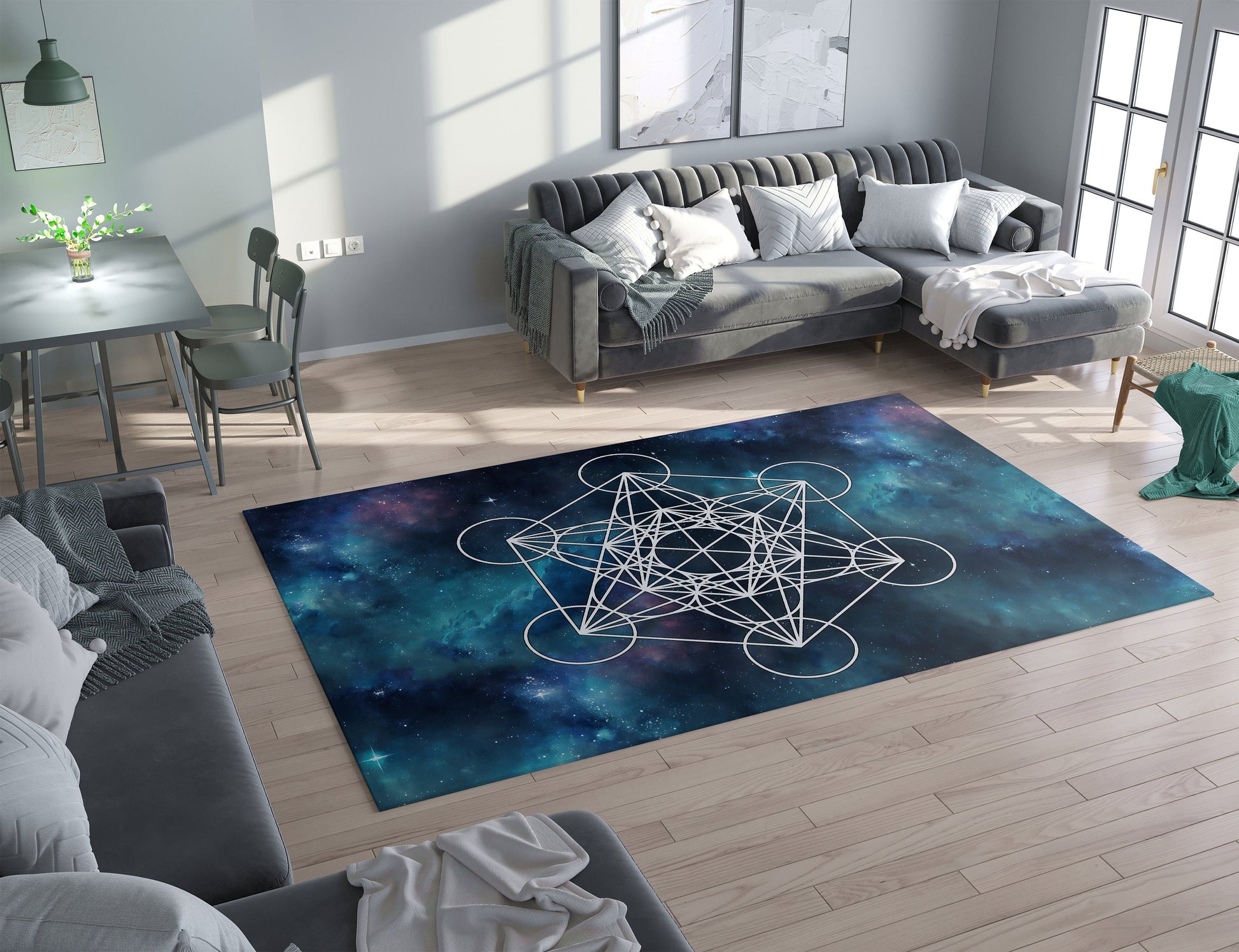 Metatron's Cube Rug Sacred Geometry Rug Galaxy Rug blue metatrons cube 2x3 3x5 4x6 5x7 large metatron rugs