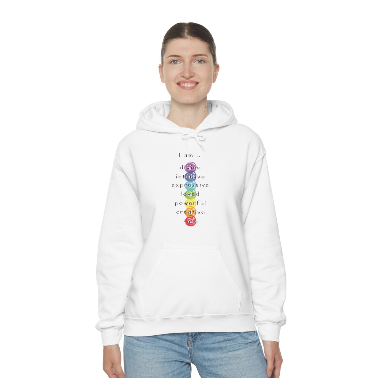 Chakra Hoodie: "I Am" Rainbow Graphic, Meditation Spiritual Gift