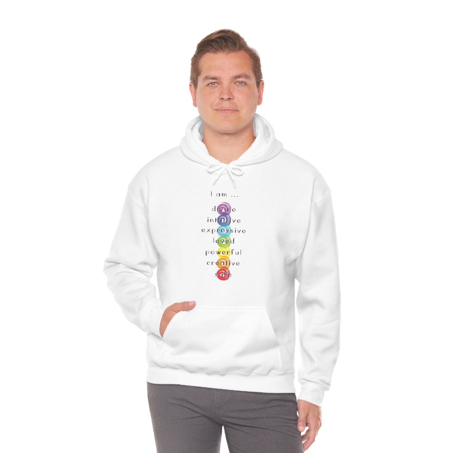 Chakra Hoodie: "I Am" Rainbow Graphic, Meditation Spiritual Gift
