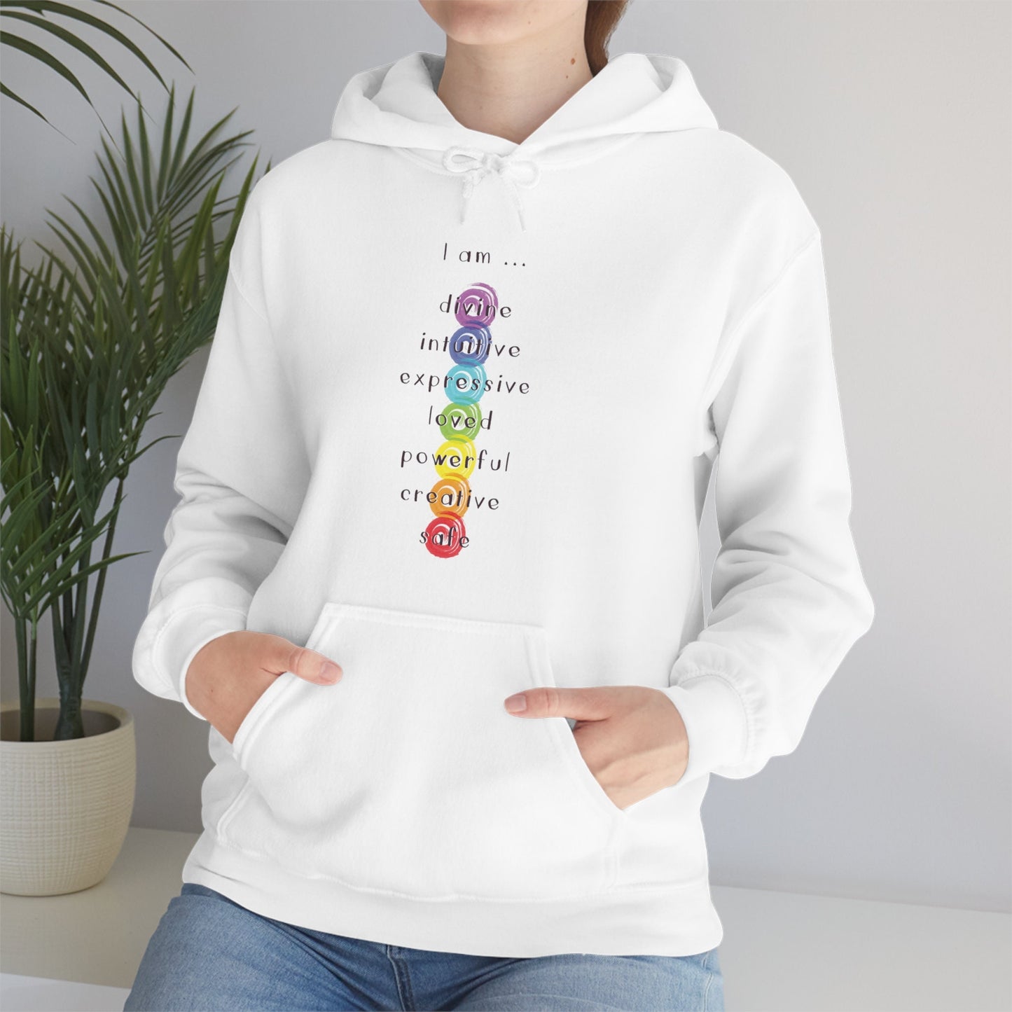 Chakra Hoodie: "I Am" Rainbow Graphic, Meditation Spiritual Gift