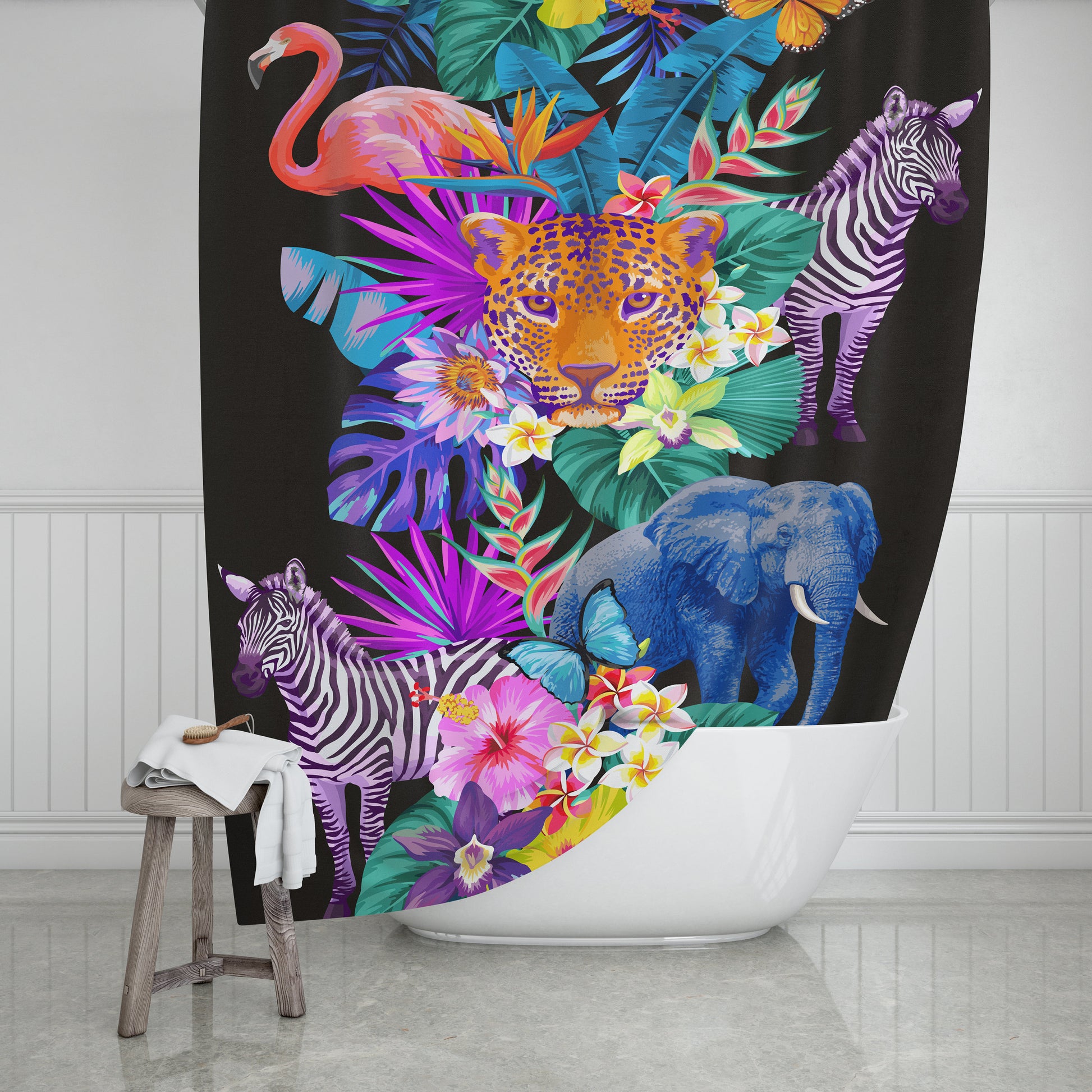Tropical Animals Shower Curtain: Colorful Jungle Print, Polyester Bath Decor