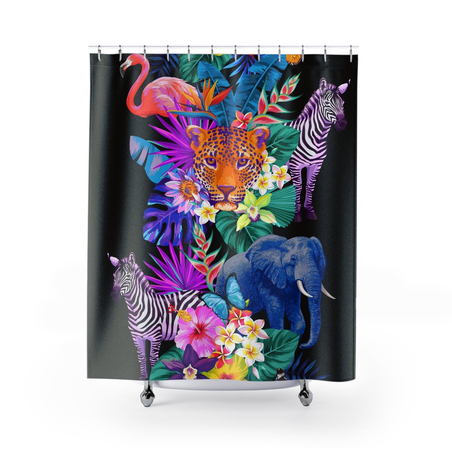Tropical Animals Shower Curtain: Colorful Jungle Print, Polyester Bath Decor