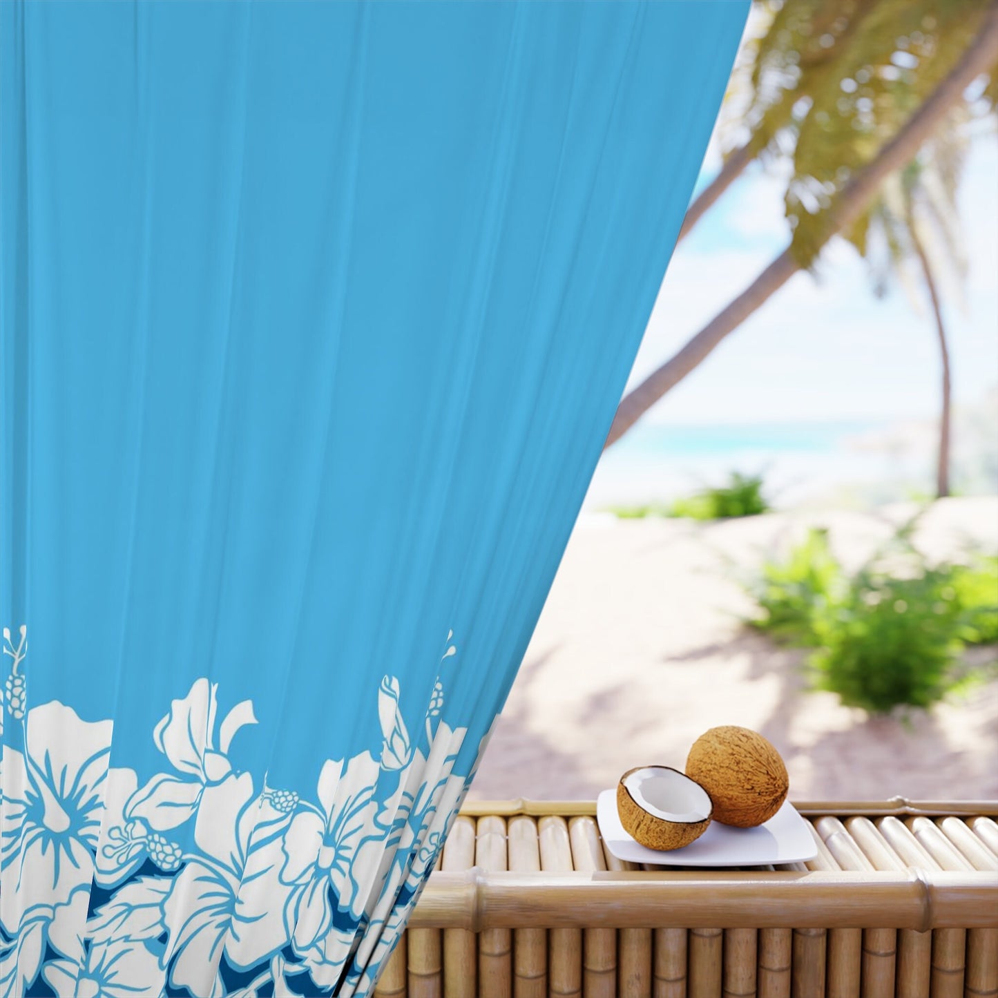 Hawaiian Hibiscus Window Curtains blue hawaii flowers drapery ocean beach tropical drapes