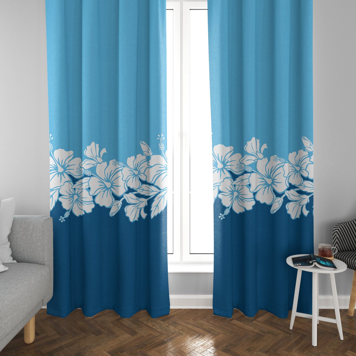 Hawaiian Hibiscus Window Curtains blue hawaii flowers drapery ocean beach tropical drapes