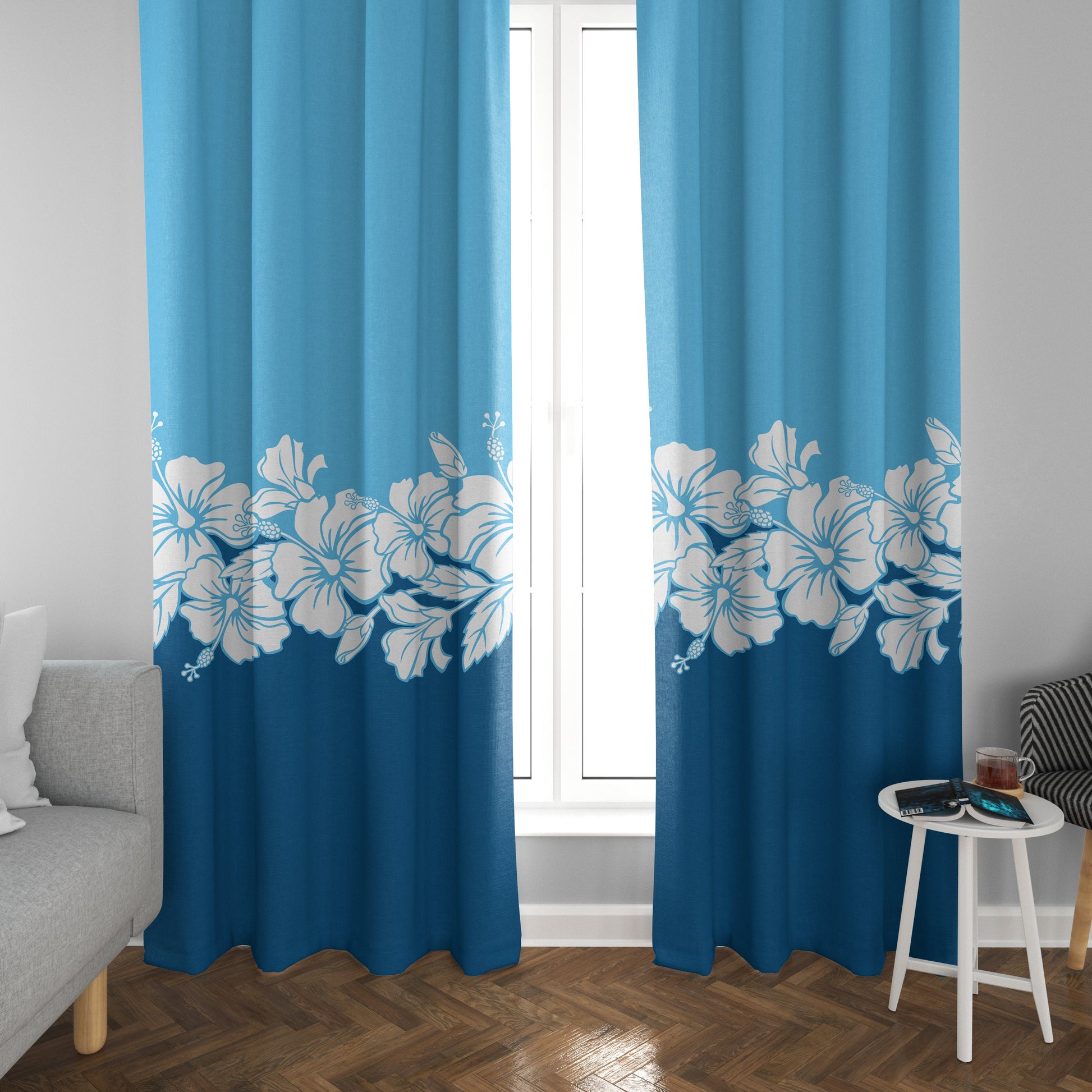 Hawaiian Hibiscus Window Curtains blue hawaii flowers drapery ocean beach tropical drapes