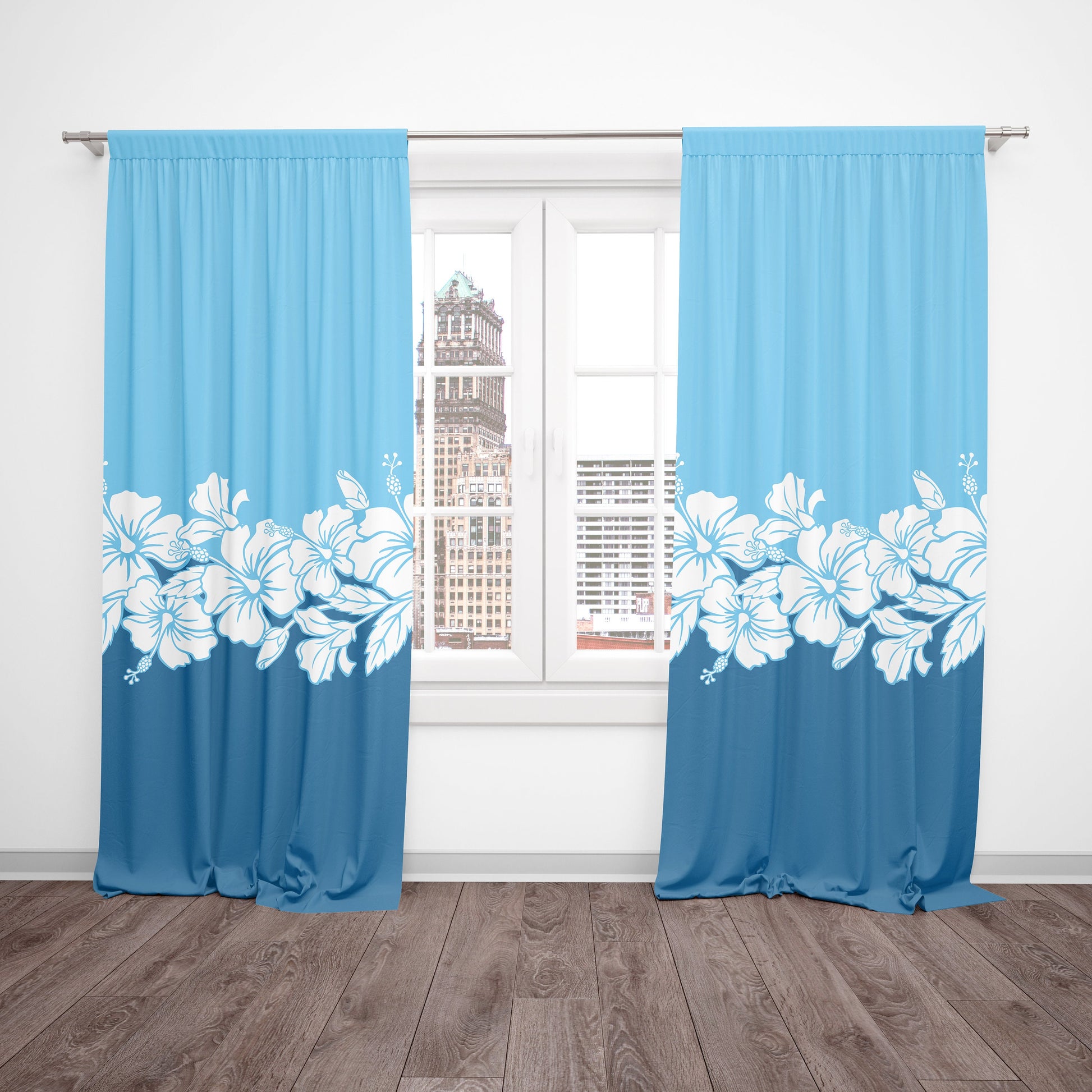 Hawaiian Hibiscus Window Curtains blue hawaii flowers drapery ocean beach tropical drapes