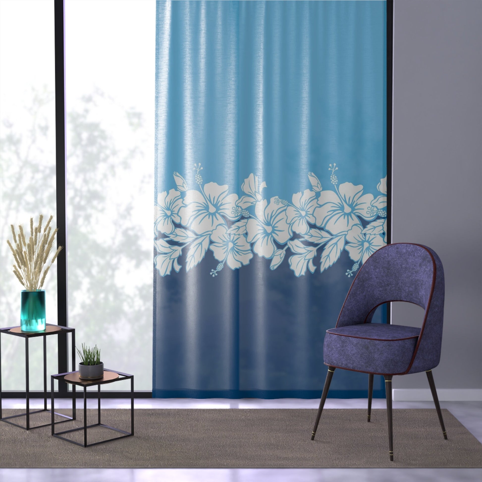 Hawaiian Hibiscus Window Curtains blue hawaii flowers drapery ocean beach tropical drapes