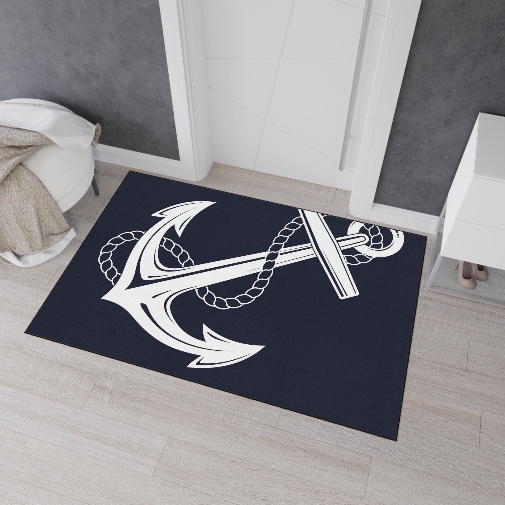 Indoor/Outdoor Anchor Navy Floor Rug outdoor rug navy nautical anchors floor mat outdoor boating rug marine coastal beach rug