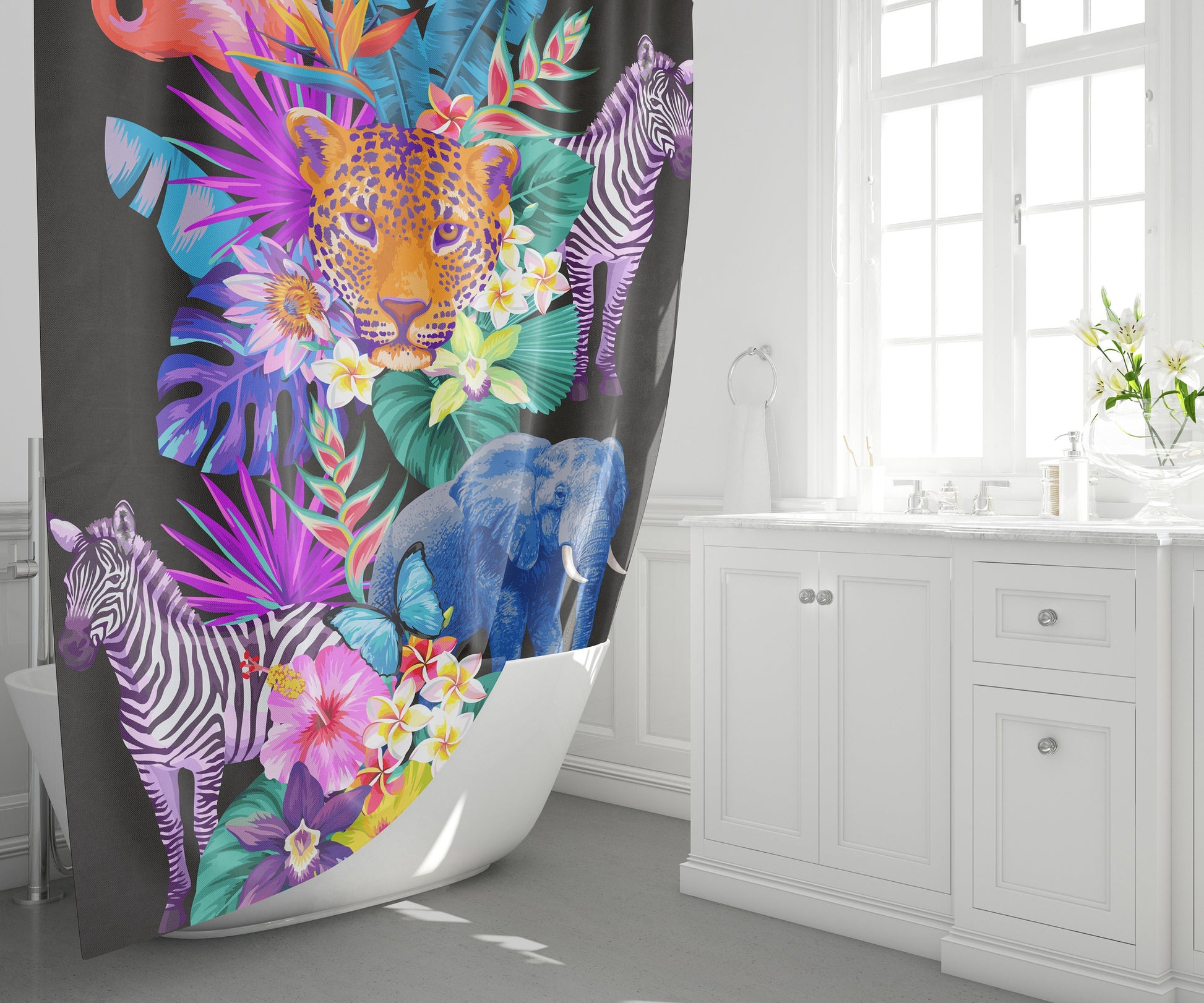 Tropical Animals Shower Curtain: Colorful Jungle Print, Polyester Bath Decor