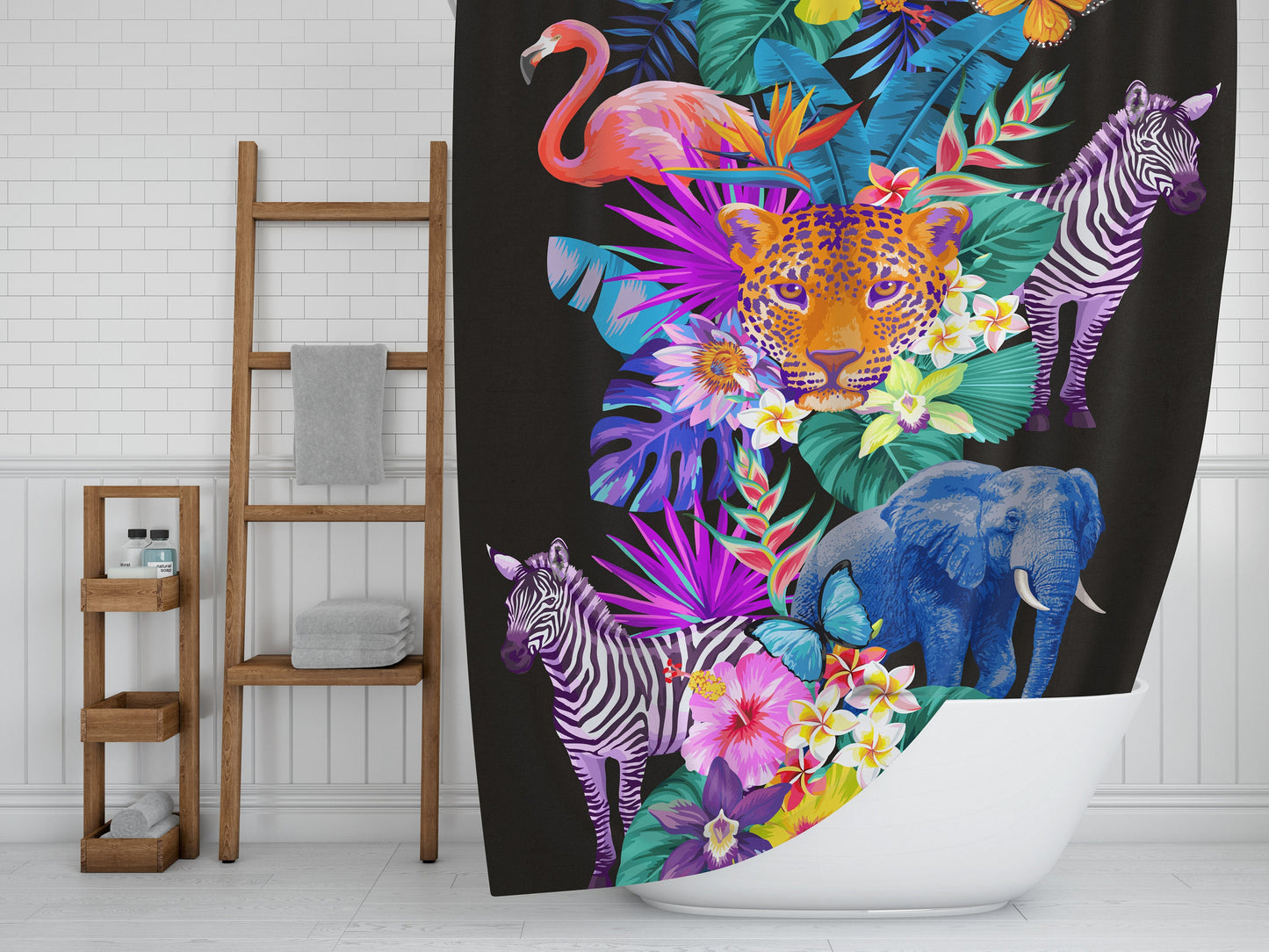 Tropical Animals Shower Curtain: Colorful Jungle Print, Polyester Bath Decor