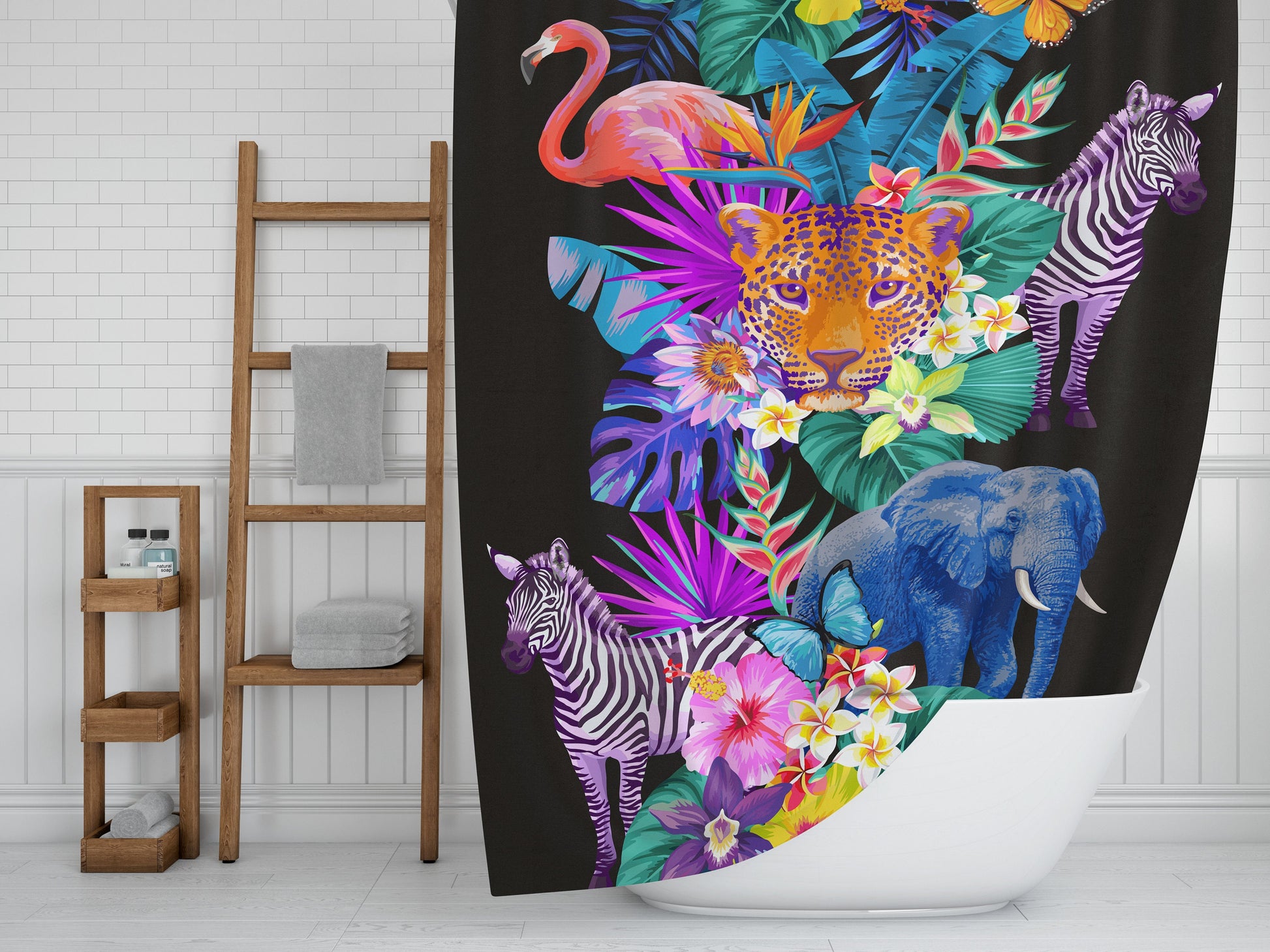 Tropical Animals Shower Curtain: Colorful Jungle Print, Polyester Bath Decor