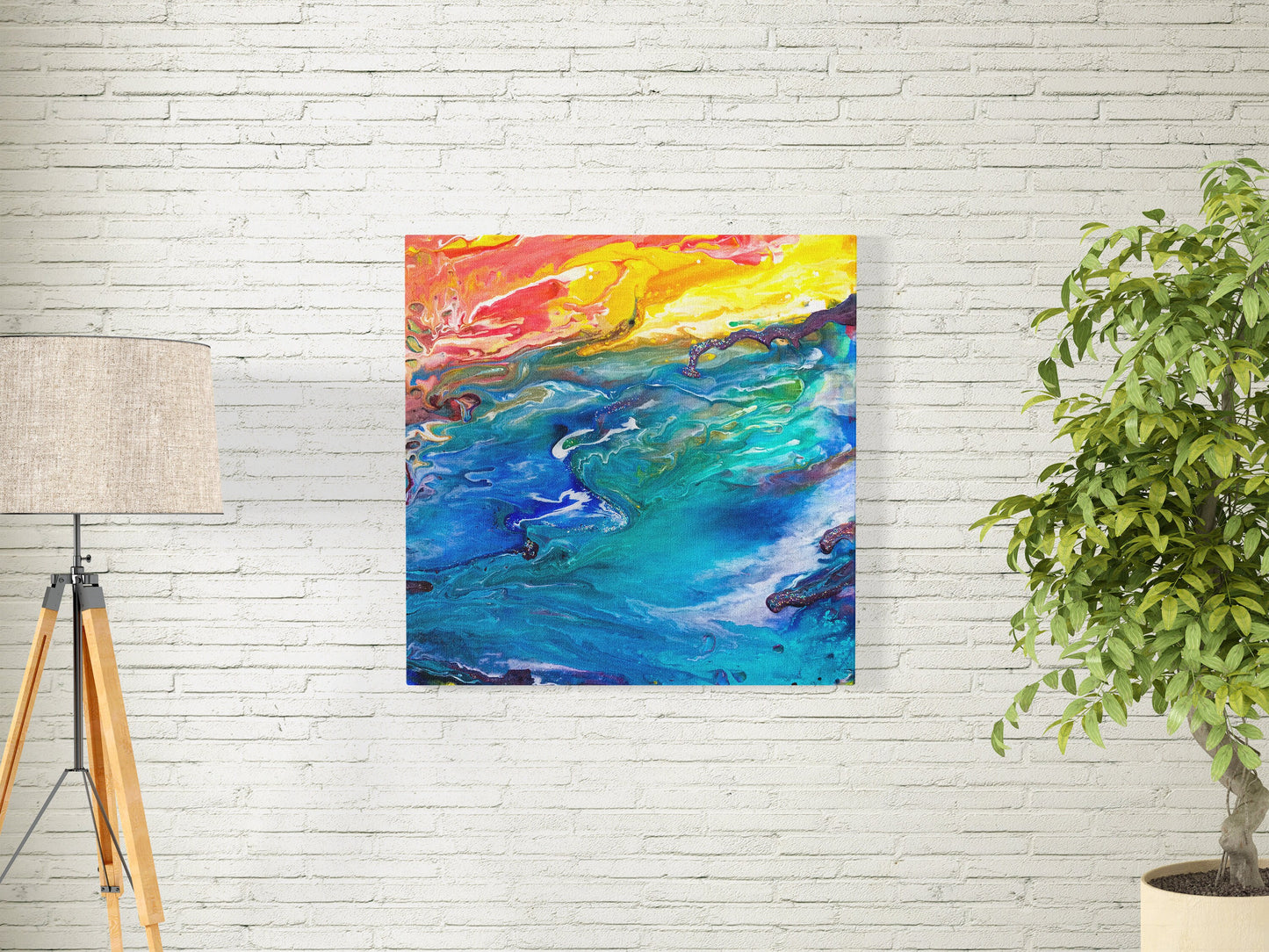 Abstract Ocean Canvas Wrap blue yellow colorful art beach artwork water