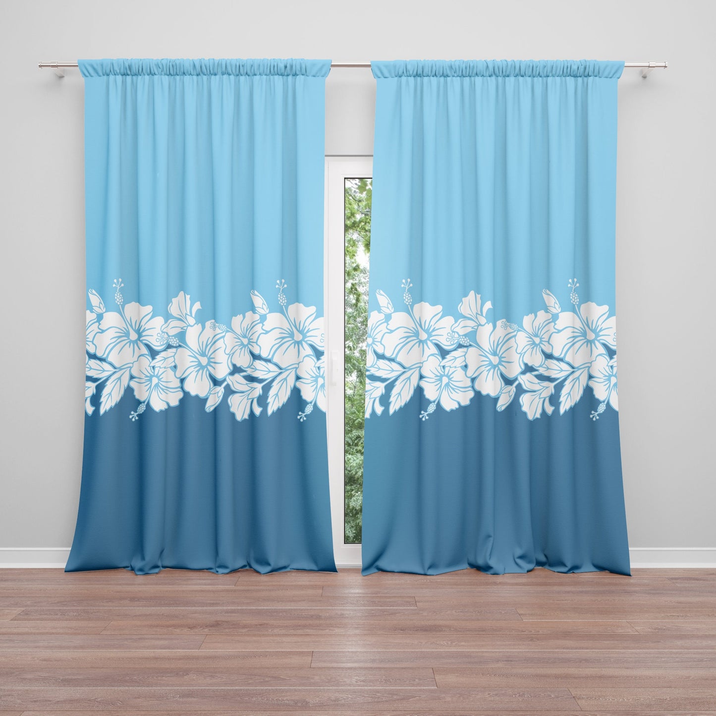 Hawaiian Hibiscus Window Curtains blue hawaii flowers drapery ocean beach tropical drapes
