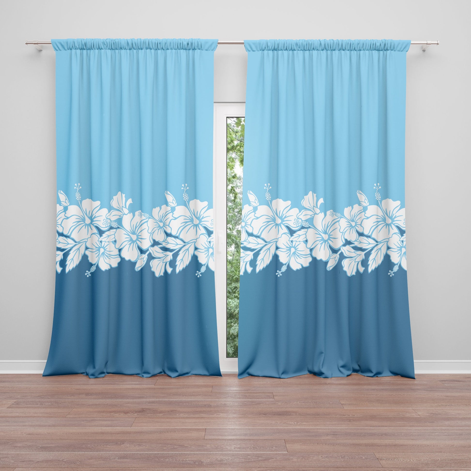Hawaiian Hibiscus Window Curtains blue hawaii flowers drapery ocean beach tropical drapes