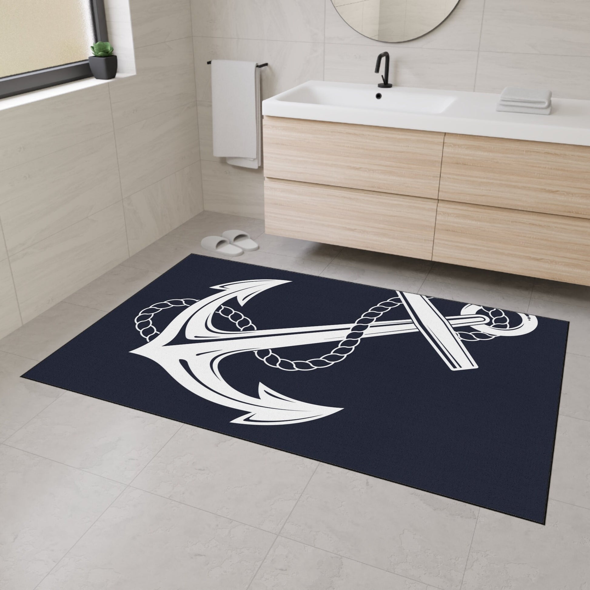 Indoor/Outdoor Anchor Navy Floor Rug outdoor rug navy nautical anchors floor mat outdoor boating rug marine coastal beach rug