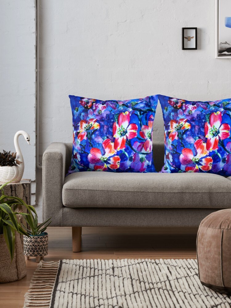 Blue with Red Flowers Throw Pillow Unique Gifts blue Pillows for Couch floral pillows Artsy pillow flower pillow botanical pillow red pillow