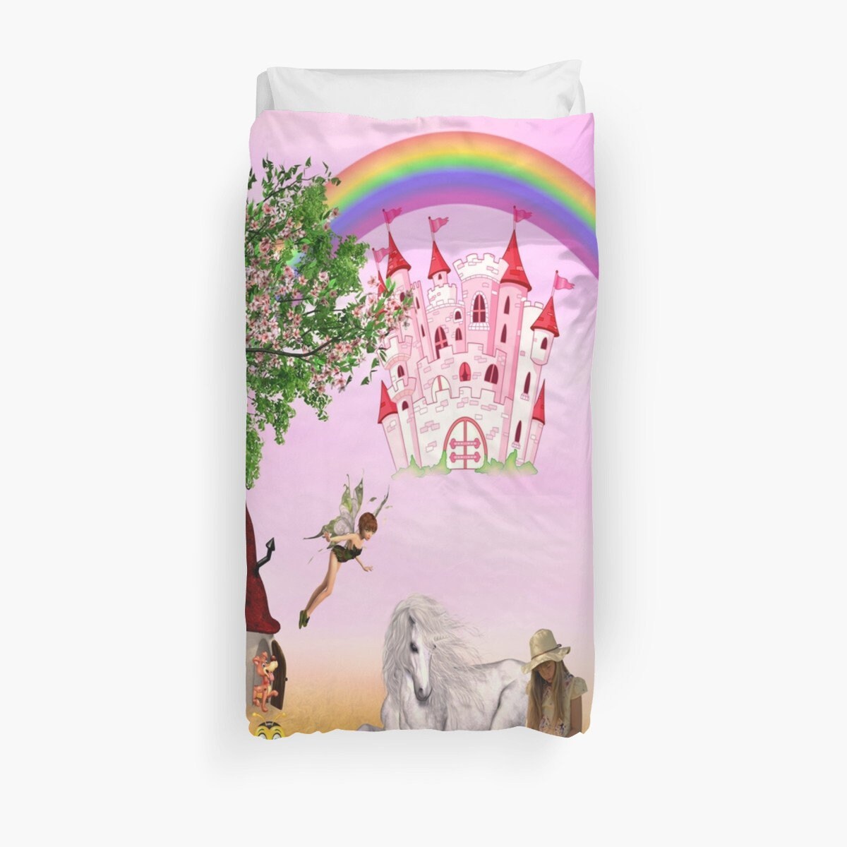 Girls Fairytale Comforter or Duvet cover cute girly bedding rainbow castles pink bedding for girls fairy comforter fairy tales kids duvet