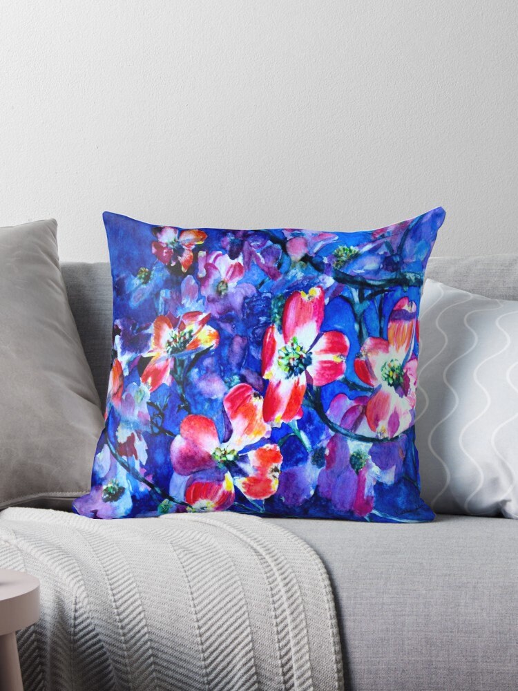 Blue with Red Flowers Throw Pillow Unique Gifts blue Pillows for Couch floral pillows Artsy pillow flower pillow botanical pillow red pillow