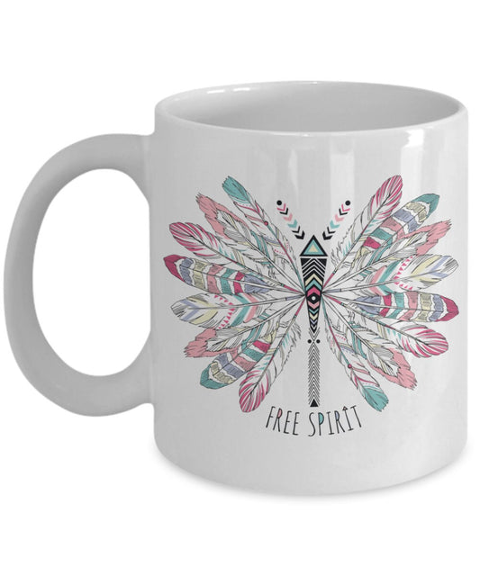 Free Spirit Mug butterfly mug hippy mug colorful butterfly mug dragonfly mug feather mug feathers coffee mug cute mugs girly mugs