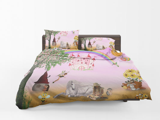 Girls Fairytale Comforter or Duvet cover cute girly bedding rainbow castles pink bedding for girls fairy comforter fairy tales kids duvet