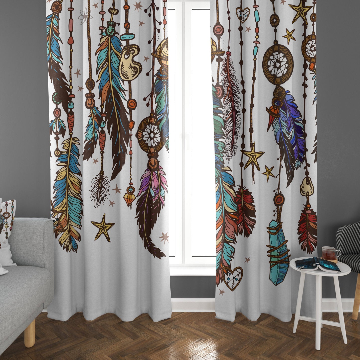 Dream Catcher Window Curtain feather Drapery dream catcher Curtain Panels boho window treatment crystals window curtains boho curtains