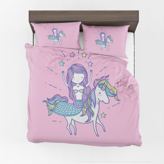 Pink Mermaid riding Unicorn Comforter or Duvet Cover girls bedding pink bedding unicorns comforter girly duvet kids comforter unicorn decor