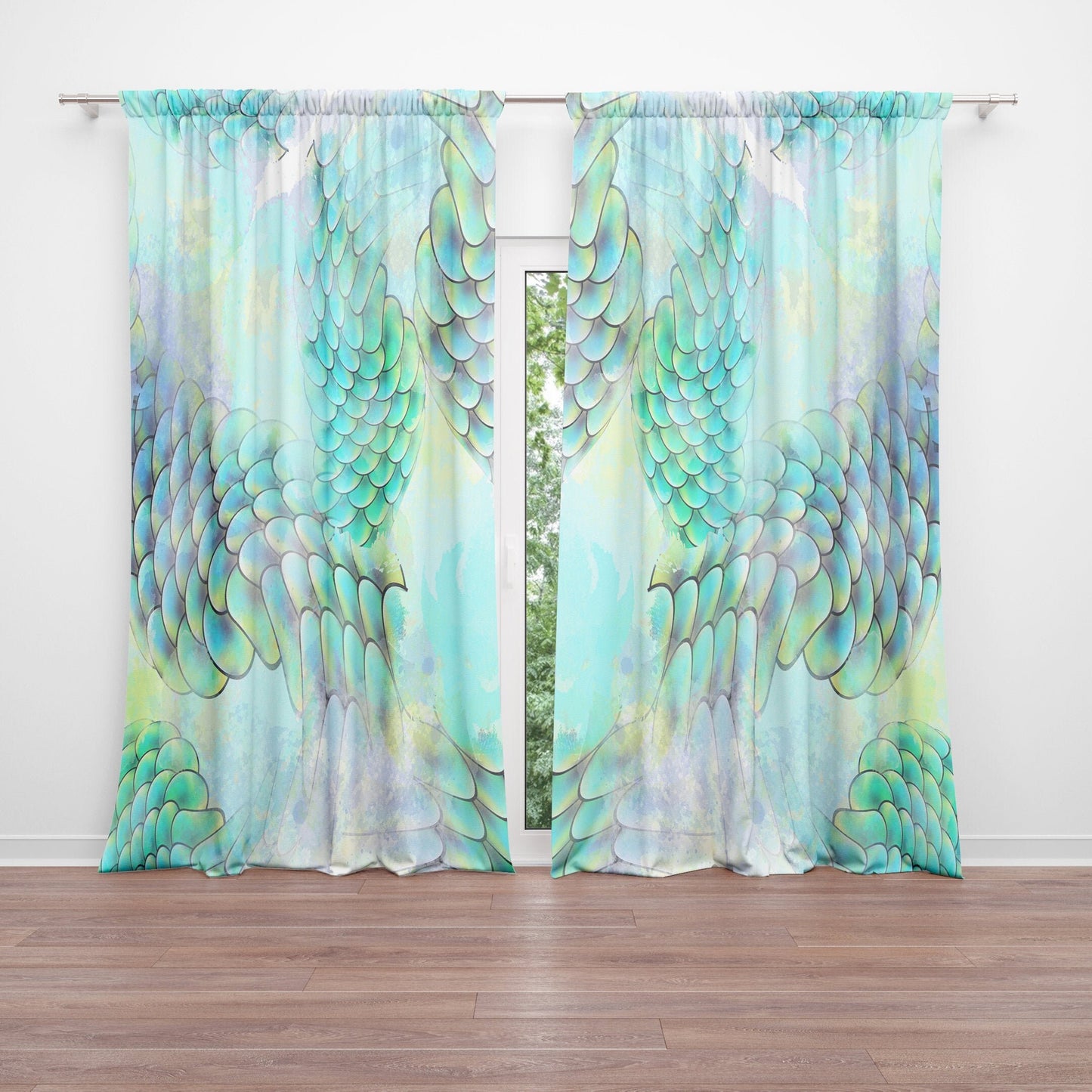 Mermaid Watercolor Window Curtain blue Drapery Curtain Panels aqua window treatment ocean curtains mermaid decor unique curtains