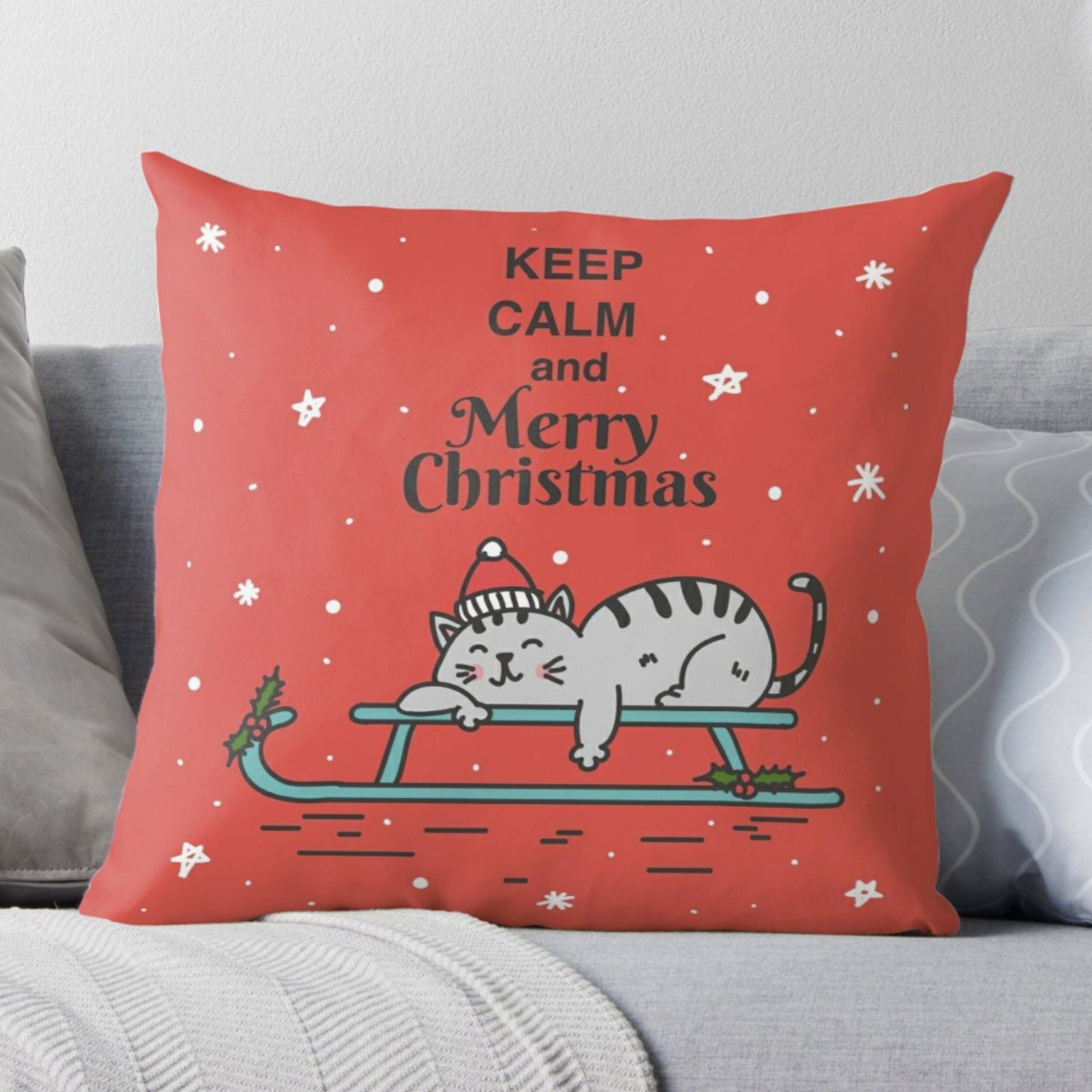 Keep Calm & Merry Christmas Red pillow decorative holiday pillows xmas pillows cute cat pillow red pillows keep calm pillow cats lovers