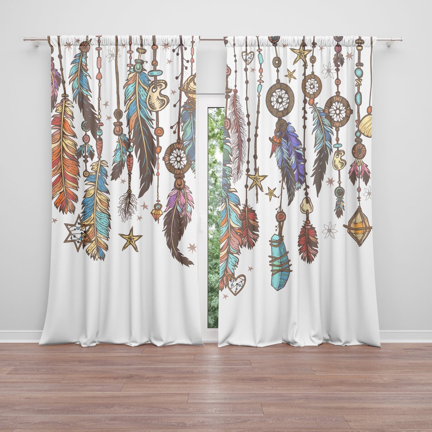 Dream Catcher Window Curtain feather Drapery dream catcher Curtain Panels boho window treatment crystals window curtains boho curtains