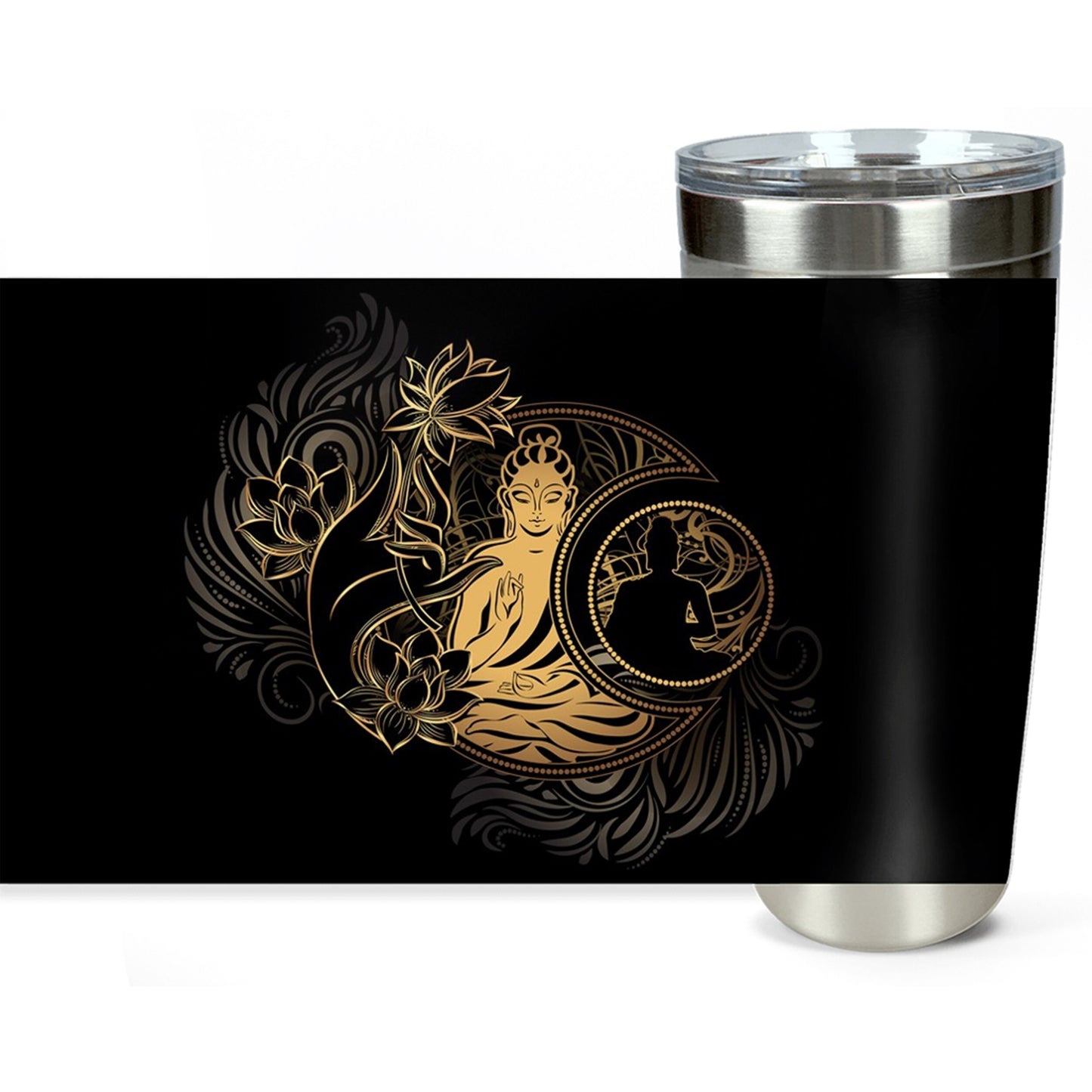 Buddha Lotus Travel Mug 20oz Insulated Stainless Steel Unique Gift Spiritual Travel Mug Meditation Travel Mug Spiritual Tumbler Black Gold