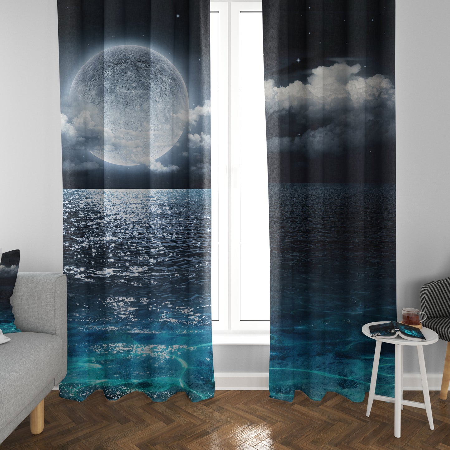 Moon over Ocean Window Curtains Beach Drapery Curtain Panels full moon window treatment beachy curtain tropical curtains blue