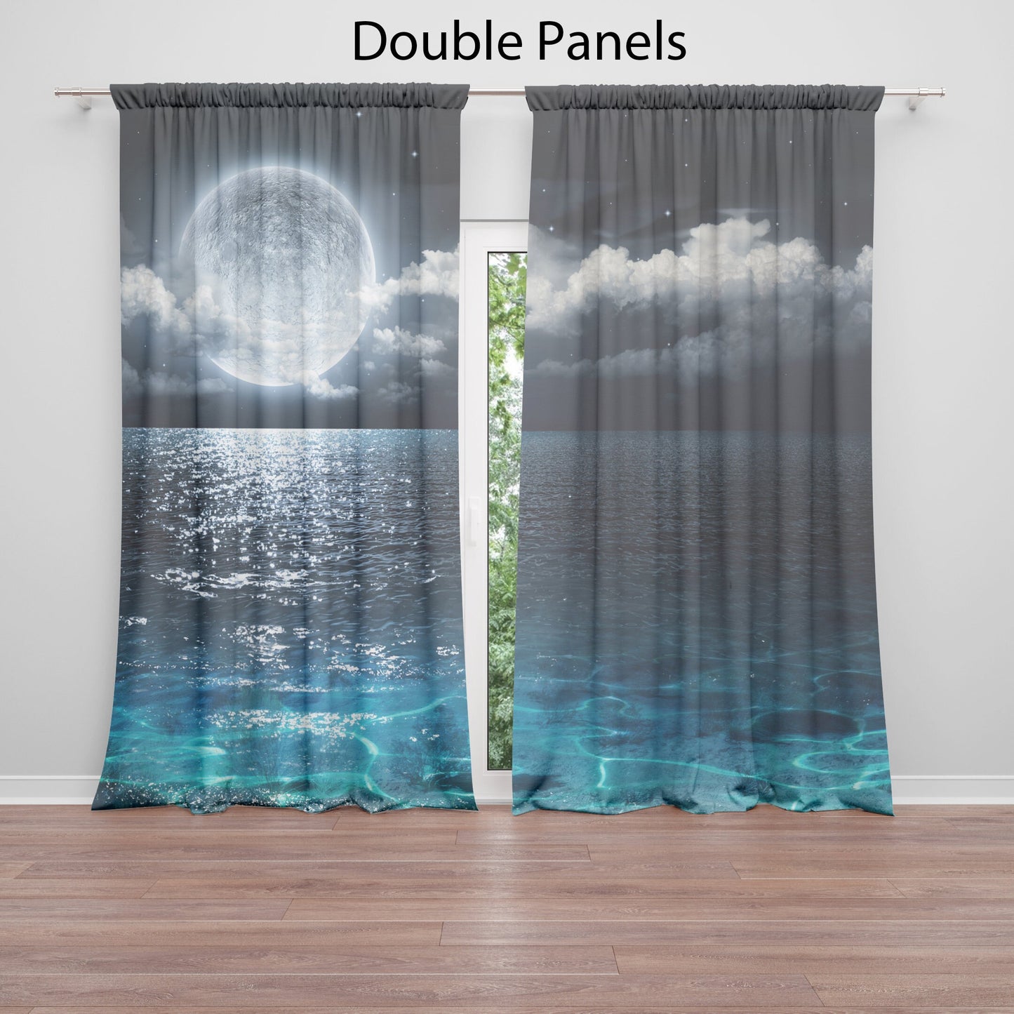 Moon over Ocean Window Curtains Beach Drapery Curtain Panels full moon window treatment beachy curtain tropical curtains blue