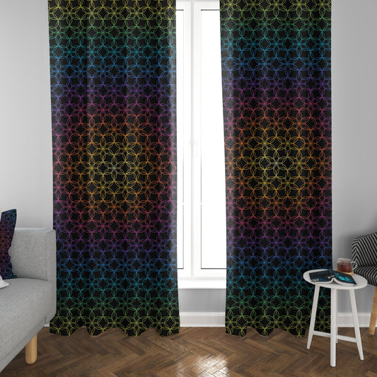 Rainbow Geometric Window Curtains colorful Curtain Panels sacred geometry window treatment black curtain