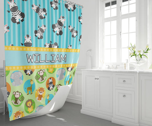 Custom Kids Name Shower Curtain Personalized shower curtains customized bathroom decor safari animals cute zoo blue green