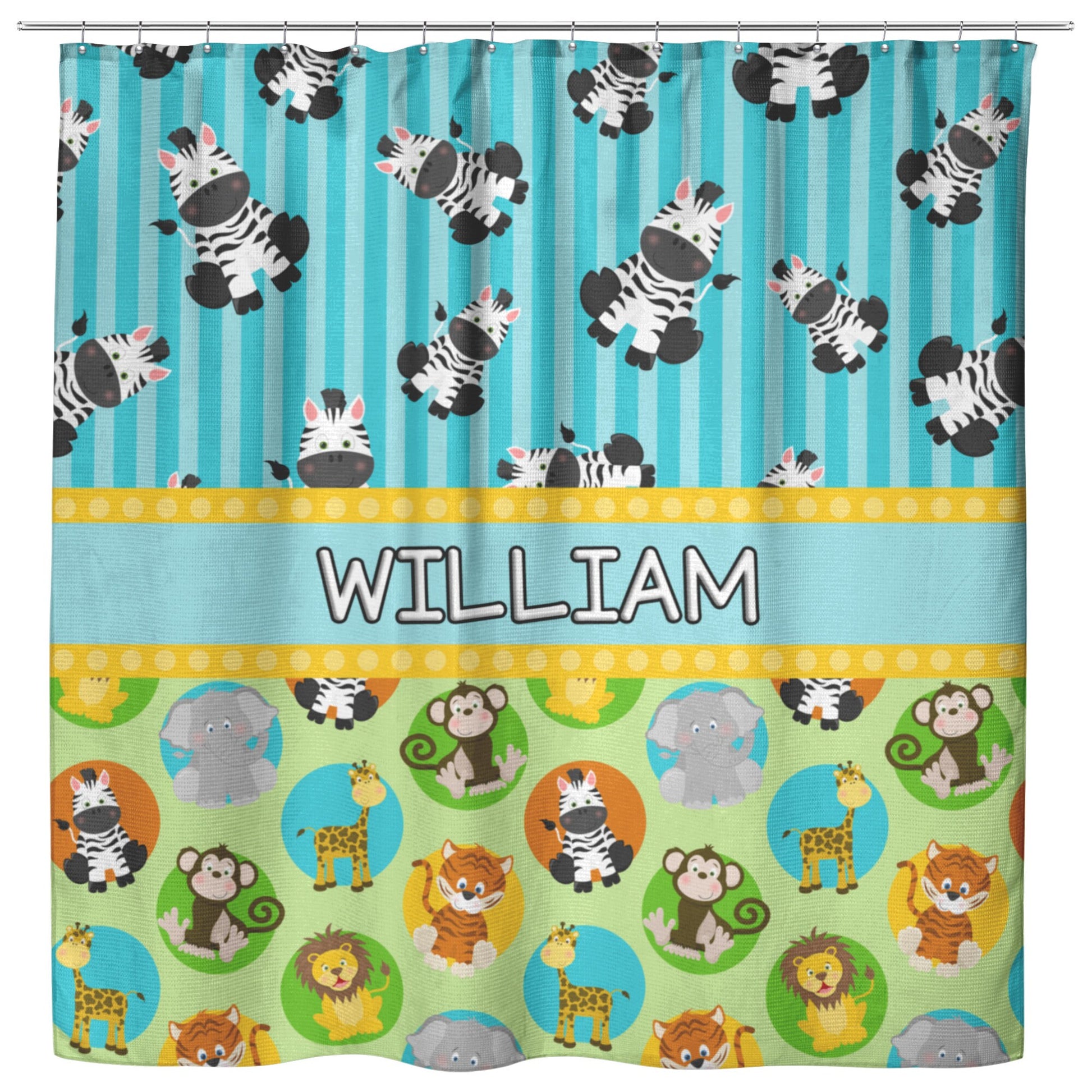 Custom Kids Name Shower Curtain Personalized shower curtains customized bathroom decor safari animals cute zoo blue green