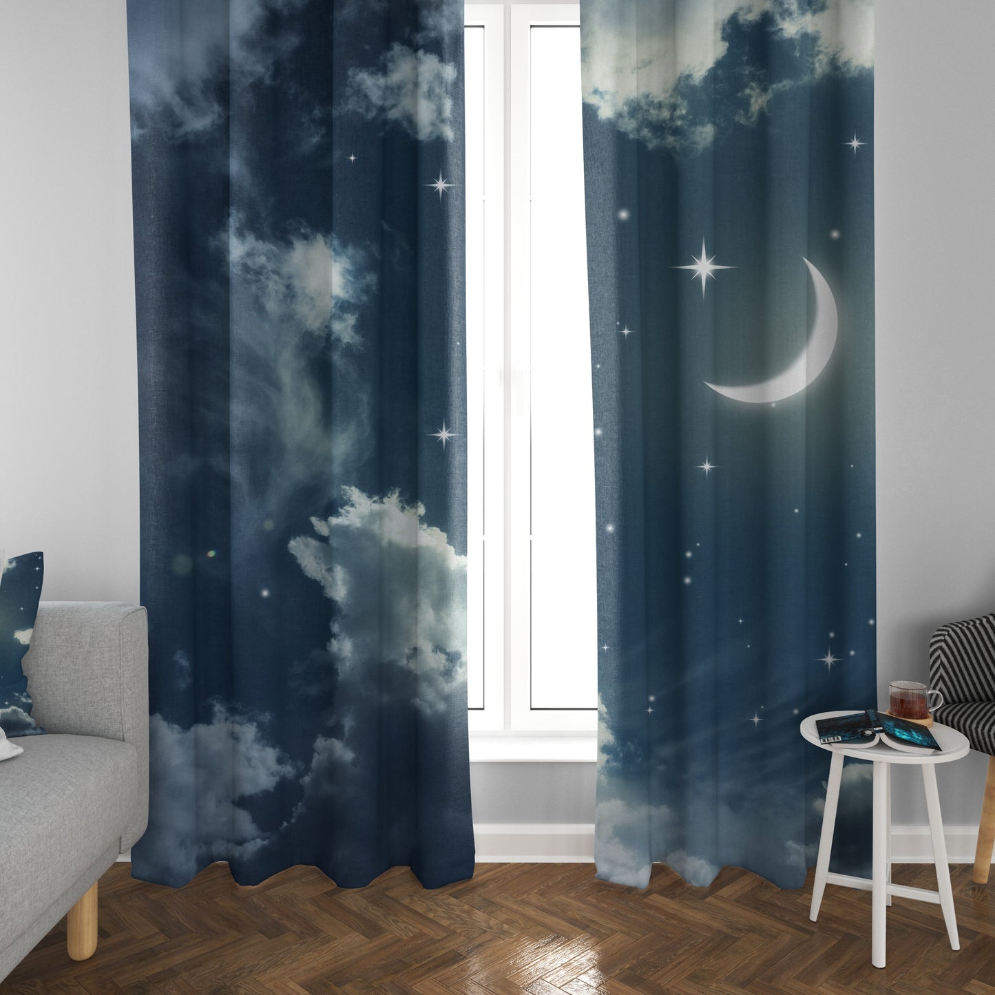 Clouds Window Curtains moon stars Drapery Curtain Panels blue window treatment nights sky curtain cloud window curtains