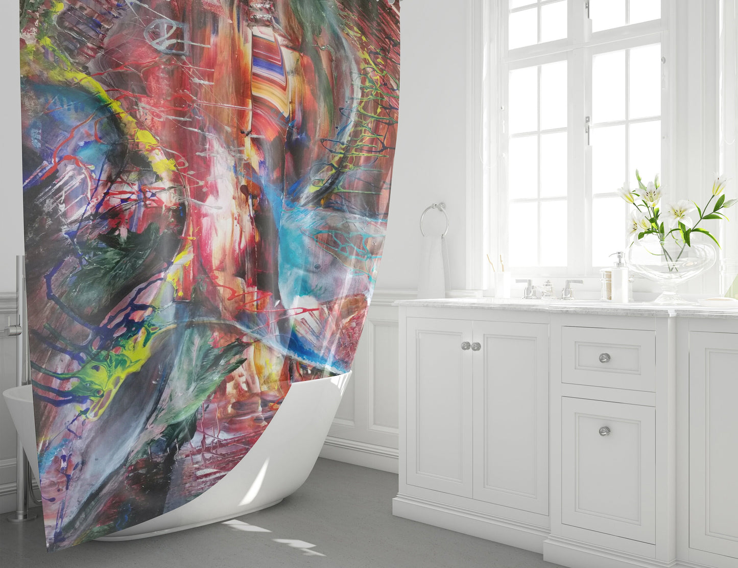 Abstract art shower curtain psychadelic shower curtain psychedelic shower curtain trippy bath decor colorful shower curtain red blue orange